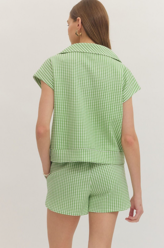 Gingham Green Quarter Zip Shirt Tops in at Wrapsody