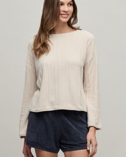 Barefoot Dreams Ultra Lite Rope Stripe Boatneck Pullover Stone Loungewear in S at Wrapsody