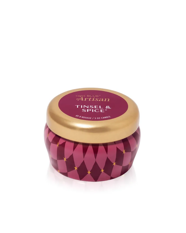 Capri Blue Winter Bazaar Mini Tin Candle - Tinsel & Spice Candles in at Wrapsody