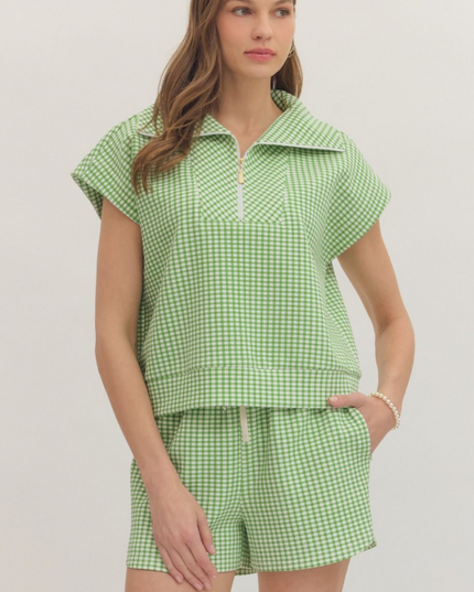 Gingham Green Quarter Zip Shirt Tops in S at Wrapsody