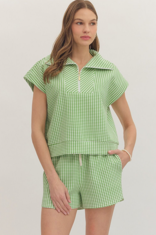 Gingham Green Quarter Zip Shirt Tops in S at Wrapsody