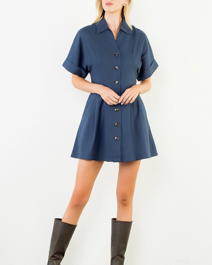 Dress Mini CuffSlv Pleated Navy Dresses in XS at Wrapsody