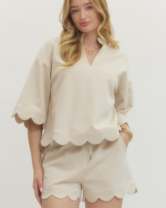 Taupe Scallop Trim Knit Blouse Tops in S at Wrapsody