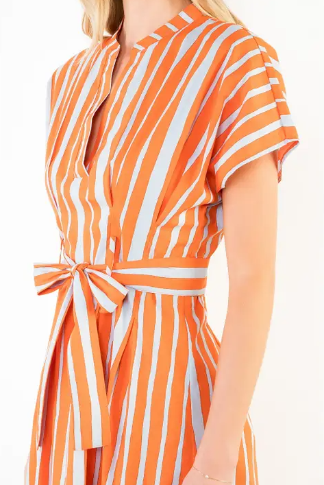 Striped Tie-Waist Orange/Blue Mini Dress