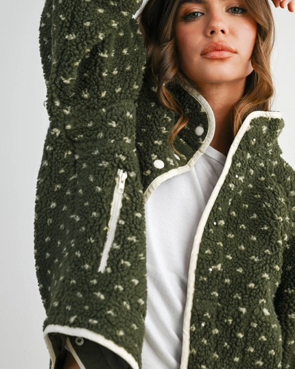 Polka Dot Olive/Taupe Sherpa Jacket Outerwear in at Wrapsody