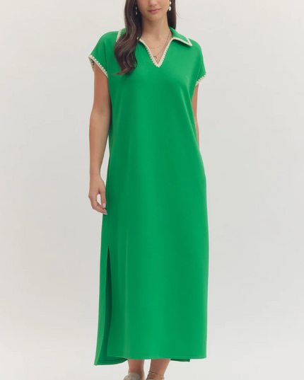 Collared Scallop Stitched Green Midi Dress Dresses in S at Wrapsody