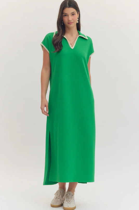 Collared Scallop Stitched Green Midi Dress Dresses in S at Wrapsody