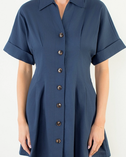 Dress Mini CuffSlv Pleated Navy Dresses in at Wrapsody