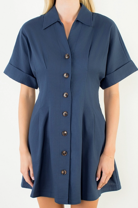 Pleated Navy Mini Dress Dresses in at Wrapsody