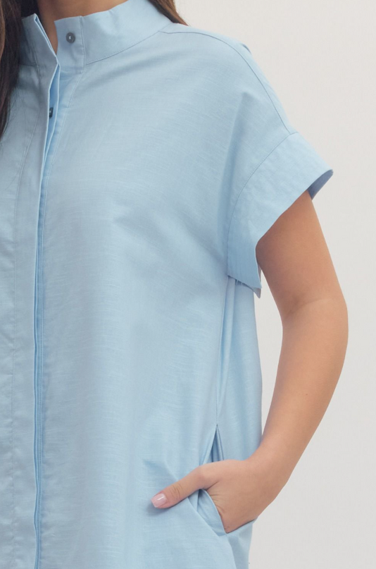 Stitched Button Down Mini Dress in Chambray Dresses in at Wrapsody
