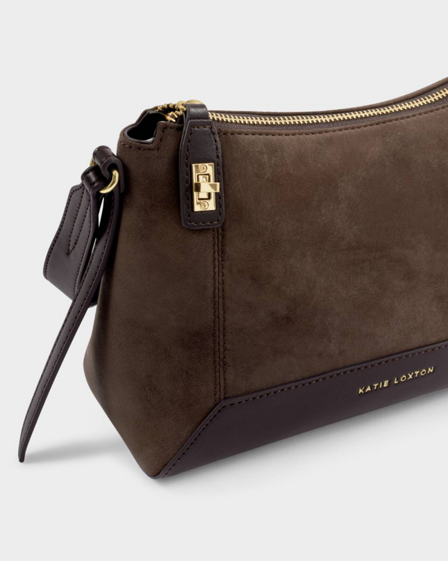 Charlbury Crossbody Bag in Chocolate Suedette/Bitter Handbags in at Wrapsody