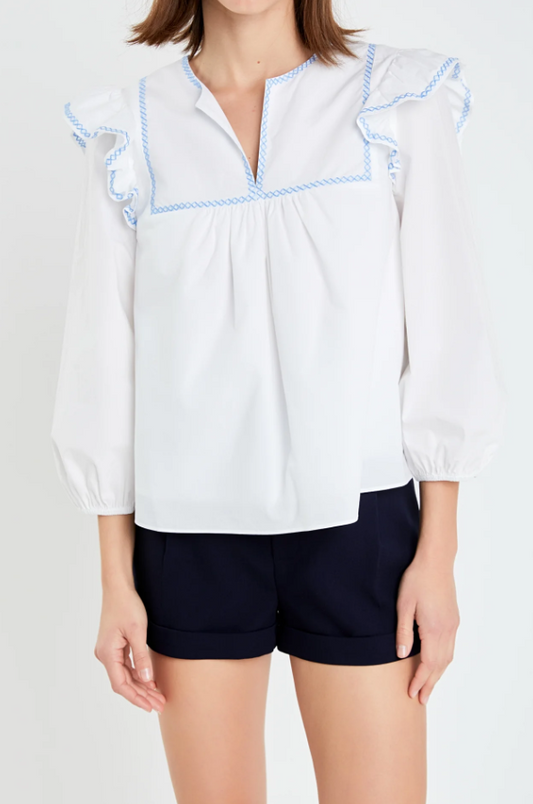 English Factory Ruffled Embroidered Blouse Tops in  at Wrapsody