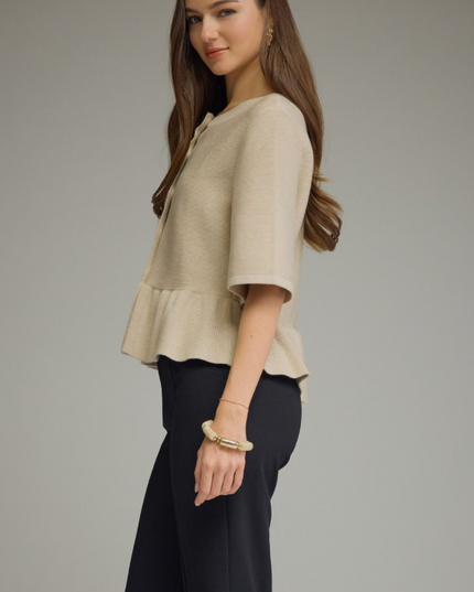 Ribbed Ruffle Hem Oatmeal Cardigan
