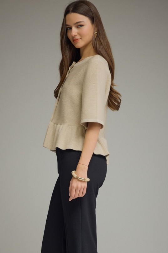 Ribbed Ruffle Hem Oatmeal Cardigan