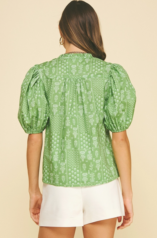 Floral Deep Sage Button Blouse