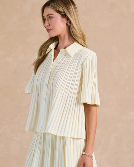 Button-Up Pleated Cream Blouse Tops in at Wrapsody
