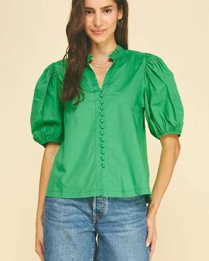 Button-Down Puff Sleeve Summer Green Blouse Tops in S at Wrapsody