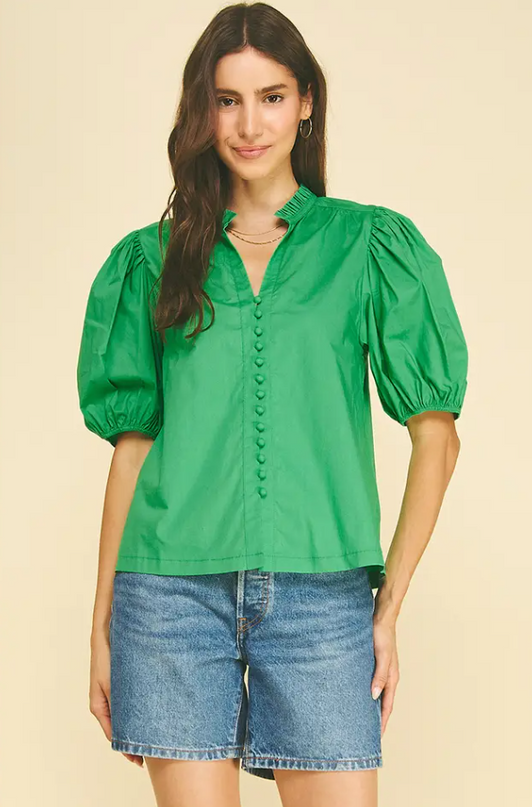 Button-Down Puff Sleeve Summer Green Blouse Tops in S at Wrapsody