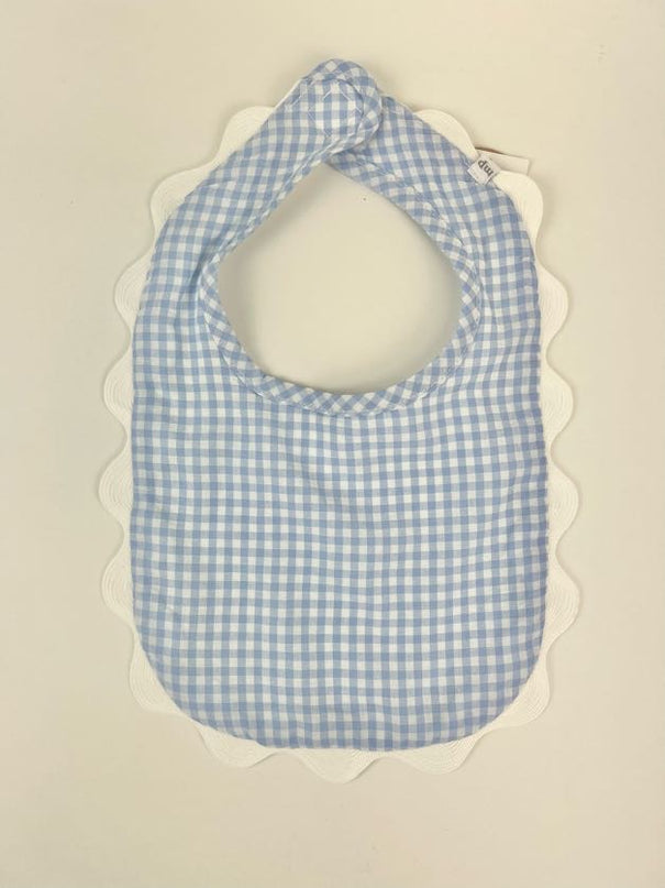 Gingham Scallop Blue Bib Baby in at Wrapsody