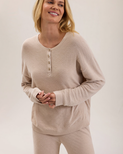Barefoot Dreams CozyChic Ultra Lite Diamond Henley - Stone Loungewear in S at Wrapsody