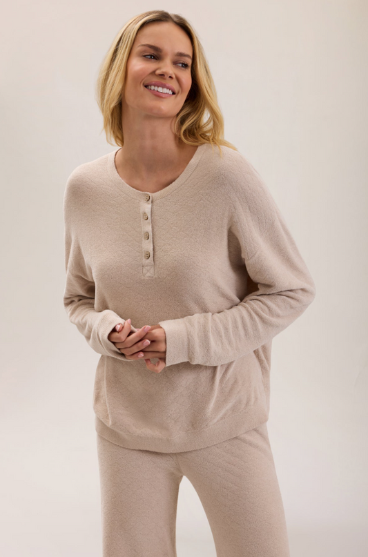 Barefoot Dreams CozyChic Ultra Lite Diamond Henley - Stone Loungewear in S at Wrapsody