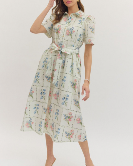 Collared Floral Midi Dress Dresses in S at Wrapsody