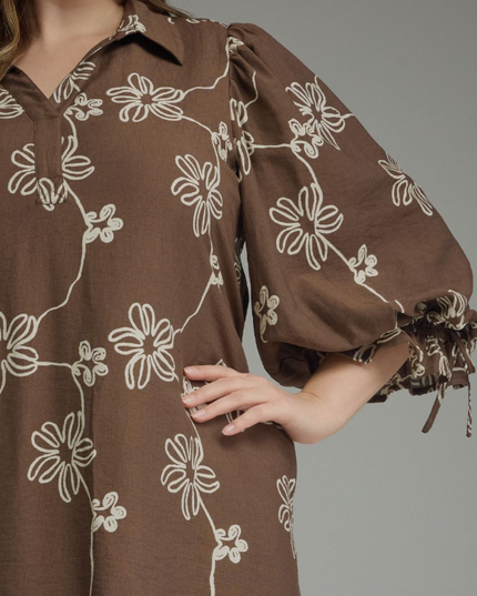 Floral Brown Cinched Mini Dress - Extended Size