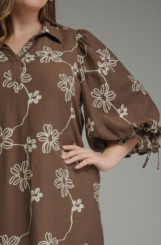 Floral Brown Cinched Mini Dress - Extended Size