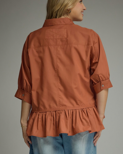Button Up Ruffle Clay Blouse - Extended Size