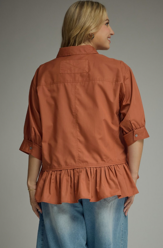 Button Up Ruffle Clay Blouse - Extended Size