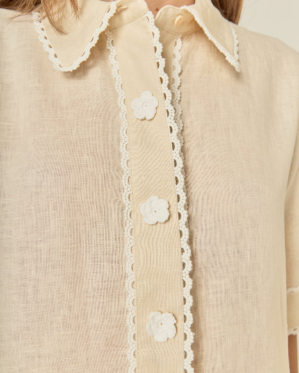 English Factory Linen Floral Beige Button-Up Blouse