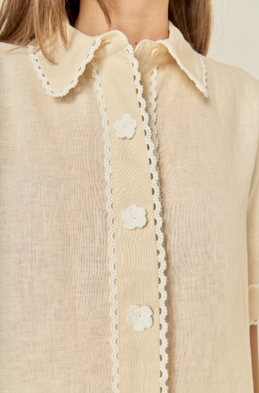 English Factory Linen Floral Beige Button-Up Blouse Tops in at Wrapsody