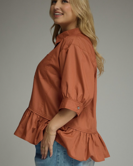 Button Up Ruffle Clay Blouse - Extended Size