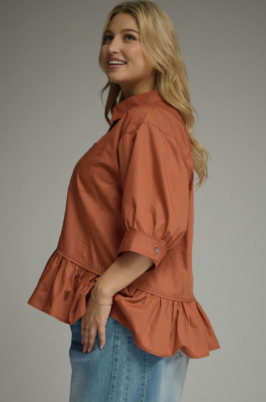 Button Up Ruffle Clay Blouse - Extended Size