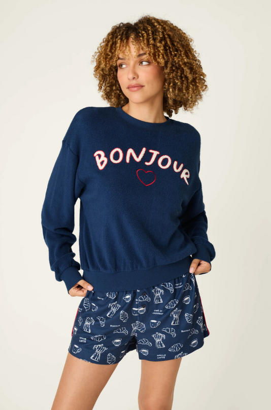 PJ Salvage Bonjour Babe Navy Sweatshirt Loungewear in S at Wrapsody