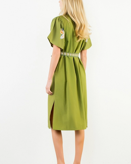 Printed Flowers Button-Up Green Midi Dress