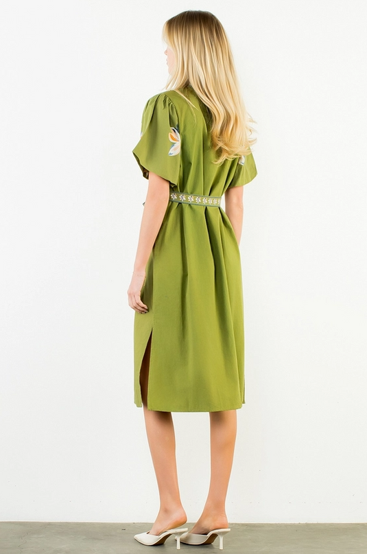 Printed Flowers Button-Up Green Midi Dress
