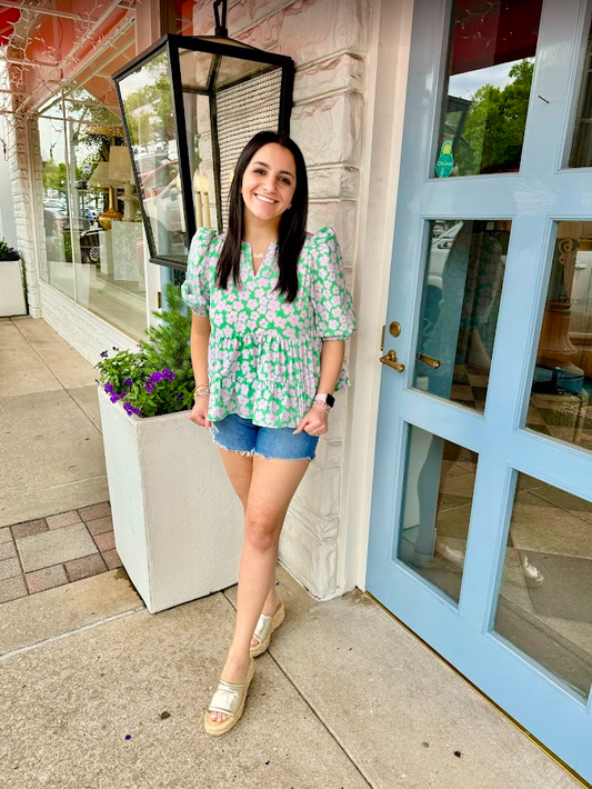 Green & Spring Floral Blouse