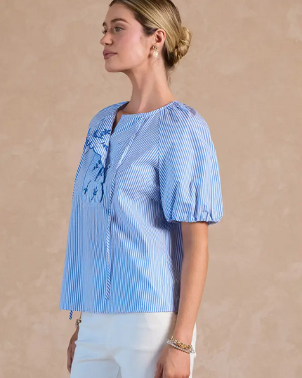 Scalloped Blue Striped Blouse Tops in at Wrapsody