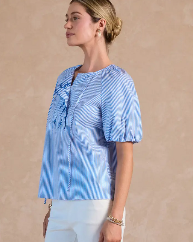 Scalloped Blue Striped Blouse Tops in at Wrapsody