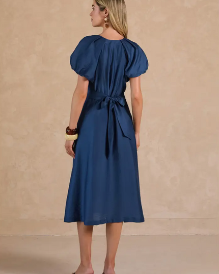 Puff Sleeve Indigo Midi Dress Dresses in at Wrapsody