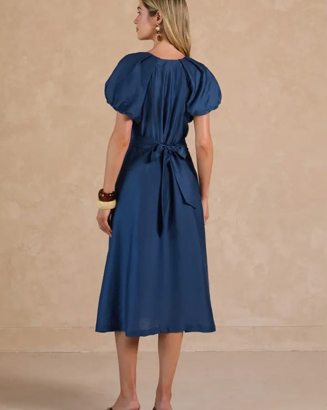 Puff Sleeve Indigo Midi Dress Dresses in at Wrapsody