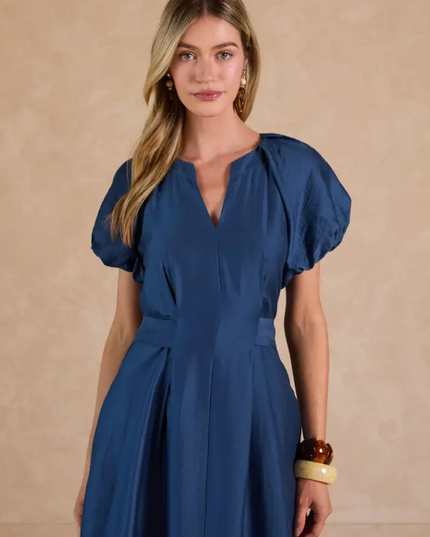 Puff Sleeve Indigo Midi Dress Dresses in at Wrapsody