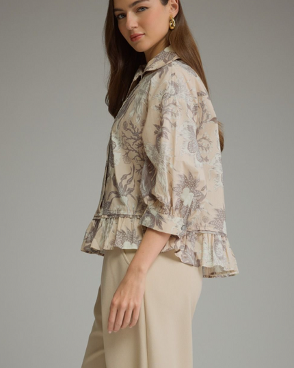 Button-Up Ruffle Floral Ecru Blouse Tops in at Wrapsody