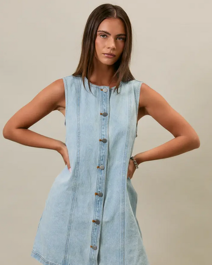 Button-Up Light Denim Mini Dress Dresses in at Wrapsody