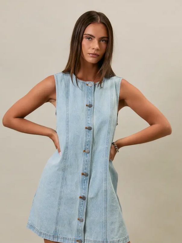 Button-Up Light Denim Mini Dress Dresses in at Wrapsody