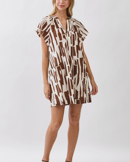 Abstract Pattern Brown/Cream Mini Dress