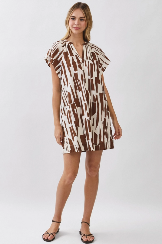 Abstract Pattern Brown/Cream Mini Dress