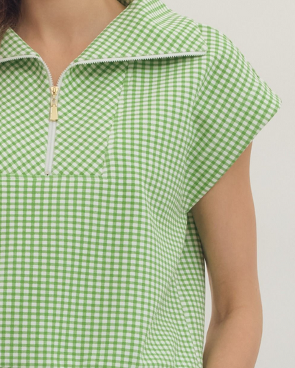 Gingham Green Quarter Zip Shirt Tops in at Wrapsody