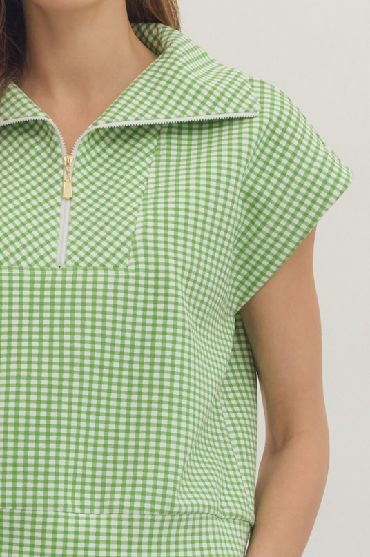 Gingham Green Quarter Zip Shirt Tops in at Wrapsody